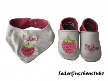 Set Lederpuschen Halstuch mit Namen altrosa und Himbeere